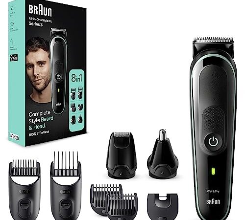 Braun Tondeuse Tout-En-Un Series 3 MGK3441, 8-En-1, Kit Styling Pour Hommes Pour Routine Quotidienne, Pour La Barbe, Les Cheveux , Les Oreilles & Le Nez Et Autres Zones, 80 Minutes D'autonomie