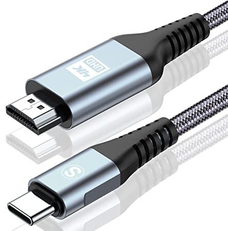 Câble USB C vers HDMI 4K 2M, [Compatible Thunderbolt 3] Câble USB Type C vers HDMI, Nylon Cable HDMI USB C pour Pad Pro 2020, MacBook Pro/Air, Samsung S20, Surface Book 2, XPS 15/13