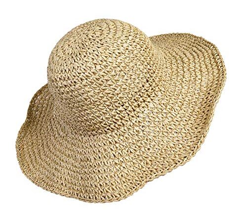 Chapeau de Paille de Femmes Plage Bonnet de Soleil Pliable Grande Dame Disquette De Papier Tresse Large Bord pour Voyage Décoration Décoration Vacances D'été Beige