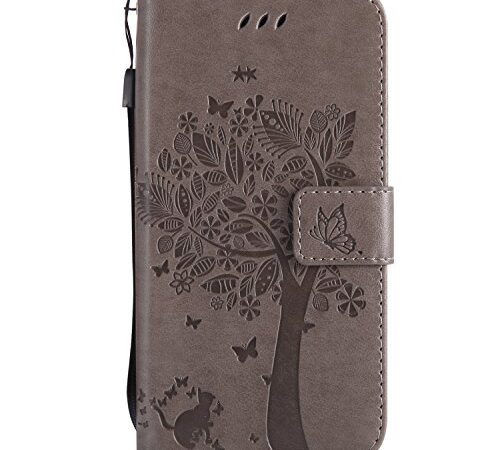 Coque Galaxy J3 2017/J330 [Avec Protecteur d'écran en Verre Trempé],Fatcatparadise(Série de chat et d'arbre) Rétro emboss Premium Flip Housse Coque Etui PU Cuir pour Samsung Galaxy J3 2017/J330(Gris)