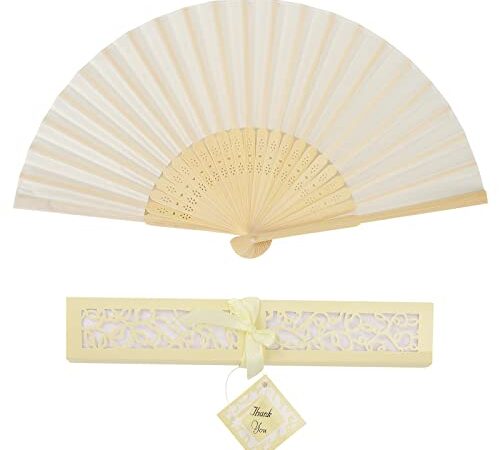 Eventails à Main,Eventail en Soie avec Boîte Cadeau Ventilateurs à Main Pliants Ventilateur Chinois Pliable en Tissu de Soie et Côtes de Bambou pour Décoration Murale (Beige)