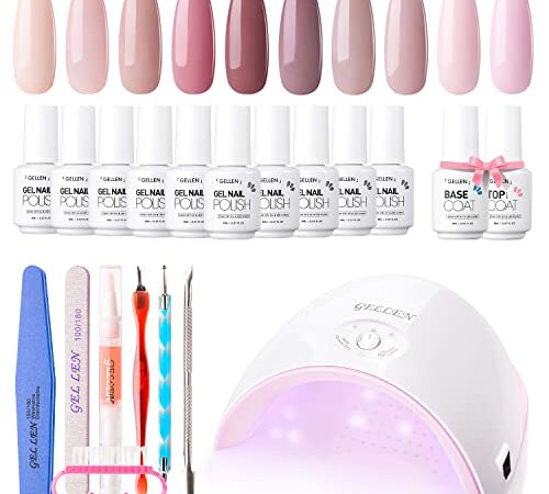 Gellen Kit Complet Vernis Semi Permanent Manucure Lampe 36W LED Séchoirs à Ongles, 10 Couleurs Vernis Gel UV Couleur Nude Pastel, No Wipe Top Base Coat, Coffret Manucure Décorations Outils