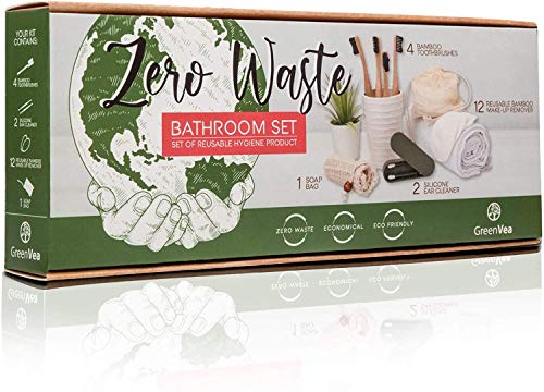 GREENVEA® Kit Zero Dechet – brosse à dent en bois bambou x4, Kit coton demaquillant lavable x12, nettoyant oreille en silicone x2 + 1 sac à savon offert – Reutilisable et ecologique - Idée Cadeau -