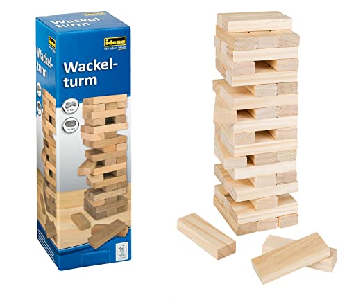 Idena 6060013 - Wobble tower, jeu d'adresse avec 54 blocs de construction en bois, env. 8 x 8 x 26 cm, pour le plaisir de toute la famille