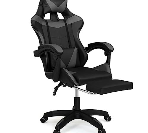 IDMarket - Fauteuil de Gaming Alex réglable avec Repose-Pied, Coussin de tête et Coussin Lombaire Noir et Gris