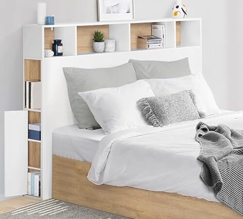 IDMarket - Tête de lit Cleo 145 CM avec rangements Blanc et hêtre