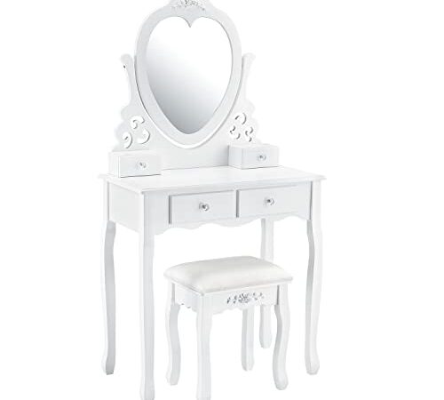 Juskys Julia Coiffeuse avec Miroir, Tabouret Et 4 Tiroirs, Style Campagnard, Bois MDF, Cosmétique, Coiffeuse, Commode (Blanc)(74x40x138cm)