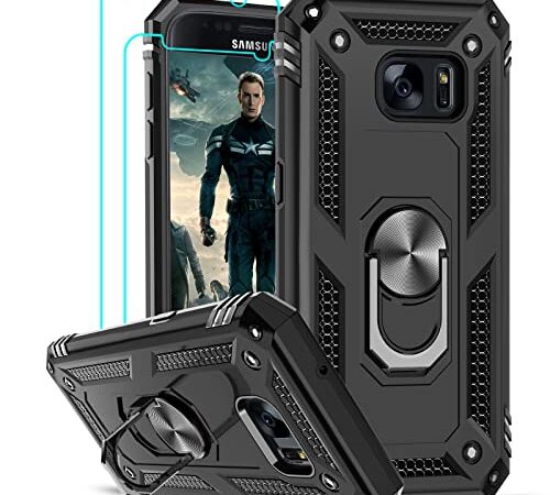 LeYi Coque pour Samsung Galaxy S7 avec 2 Verre Trempé, Anneau Support Militaire Double Couche Défense Bumper TPU Silicone Antichoc Armure Housse Etui pour Samsung S7 Noir