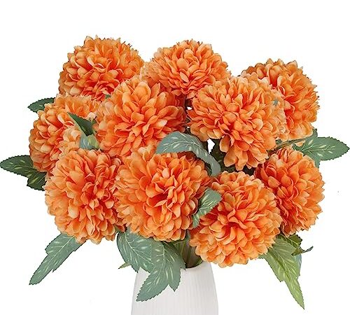 LIPJISL 10pcs Fleurs Artificielles Automne Bouquet Chrysanthème Fleurs Halloween Cimetière Fleurs Intérieur Extérieur Automne Fleurs Bouquet Faux Fleurs Orange pour Thanksgiving Maison Balcon