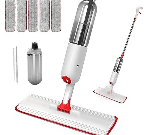 Masthome Balai Serpillère Vaporisateur, Spray Mop Microfibre avec 5 Tampons de Rechange& 500ml Flacon, pour Le Bois Dur, Le Parquet Stratifié, la Céramique