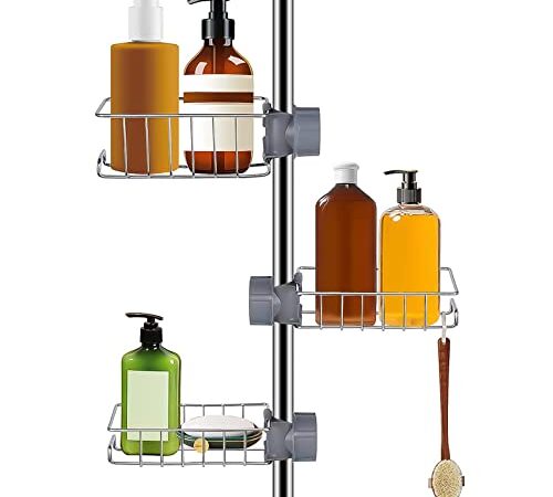 MOOING Douche Inox Sans Perçage, 3 Pcs Étagère de Douche, Étagère Salle de Bain Télescopique Inoxydable, Douche Sans Percage Inox, Porte Savon Barre Douche pour Salle de Bain, Cuisine