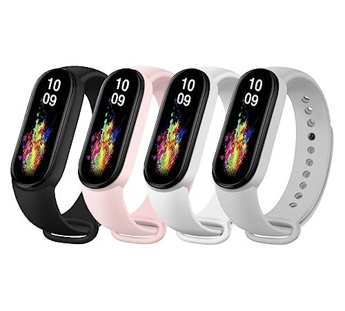 Msksjer 4 Pack Bracelets Compatible avec Bracelet Xiaomi Mi Band 4/Mi Band 3 Femme et Homme, Bracelets Sport en Silicone Souple pour Mi Band 3/4, Noir/Gris/Blanc/Rose