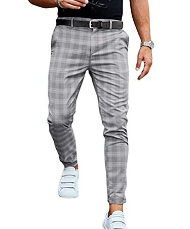 Onsoyours Hommes Chino Pantalon Slim Fit Rayé Casual Élastique Pantalon à Carreaux Business Pantalon de Sport Décontracté Coupe Ajustée Pantalon GrisFoncé L