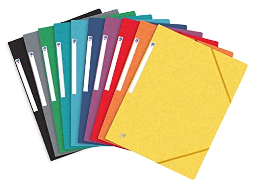 OXFORD Topfile+ 10 Pochettes Cartonnées 3 Rabats Format A4 Fermeture Elastiques Coloris Assortis