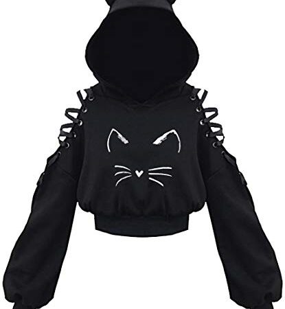 PANOZON Femme Sweat Fantasie à Oreille du Chat Hoodie Haute Taille Courte Spéciale Cosplay Fête(S,Visage du Chat)