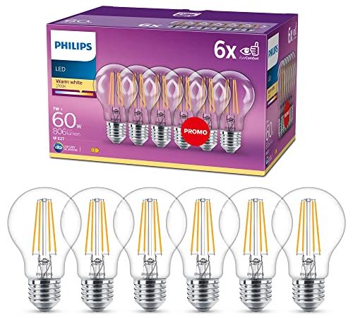 Philips ampoule LED Standard E27 60W Transparent, Verre, 6 Unité