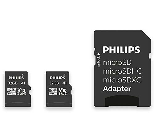 Philips Micro SDHC Card 2-Pack 32GB + SD Adapter UHS-I U1 Reads up to 80MB/s A1 Fast App Performance V10 for Smartphones, Tablet PC, Card Reader 2 x 32GB