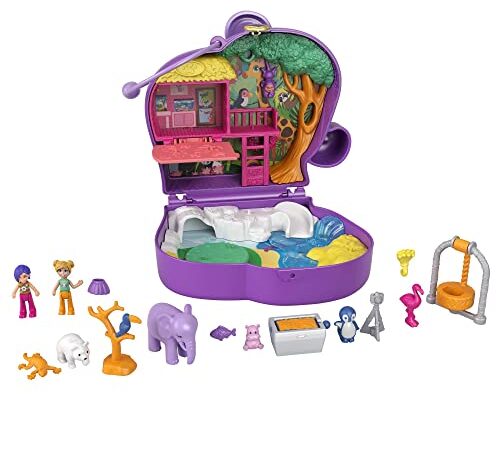 Polly Pocket Coffret Univers Le Zoo Éléphant, mini-figurines Polly et Bella, 5 surprises et 12 accessoires, jouet pour enfant, GTN22