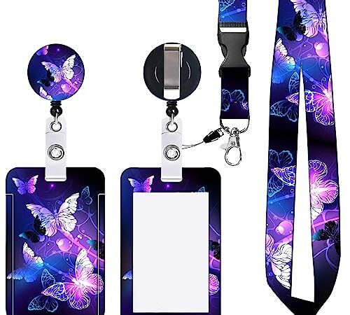 Porte Badge Tour de Cou avec Cordon et Attache Pivotante, Lanyard Strap Neck avec Swivel Lobster Clasp pour Carte d'Identification, Clés, Caméra, Téléphone Portable (Papillon violet)