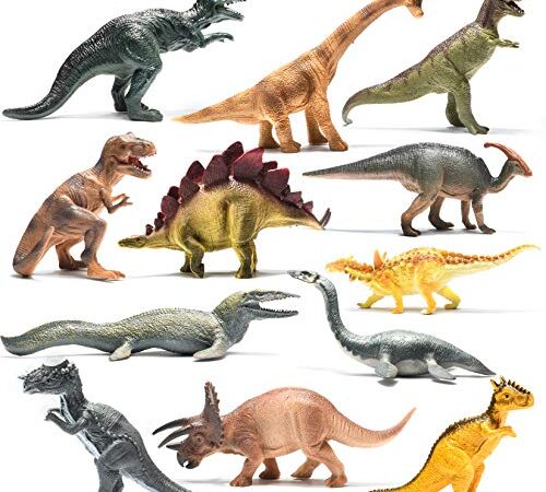 PREXTEX Assortiment de 12 Grands Dinosaures Figurines Réalistes - Dinosaure Jouet 25 cm en Plastique T-Rex et Autres Familles de Dinosaures Creatures Préhistoriques, Cadeau Enfants