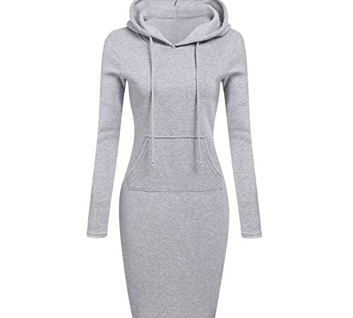 Robe à Manches Longues avec Poche à Capuche pour Femmes Sweat à Capuche Long Sweat à Capuche Robe Pulls MolletonnéS DéContractéS SurdimensionnéS (Gris,M)