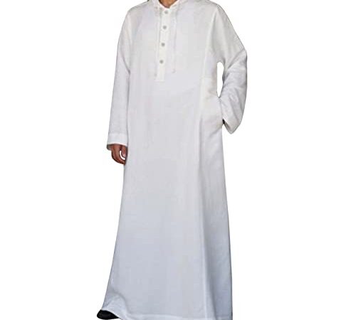 SDFRK® Robe Musulmane pour Hommes Robe de Chambre d'été décontractée en Vrac Robe Musulmane à Rayures Pyjama Solide Robe pour Hommes avec Poches Robe à Capuche en Coton et Lin pour Homme