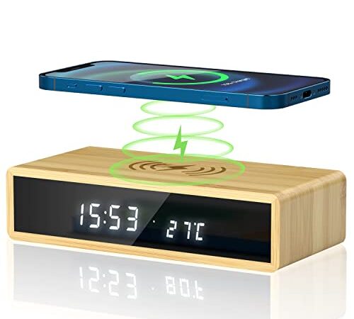 SONRU Réveil Numérique en Bambou avec Charge sans Fil, Horloge Numérique, Reveil Matin LED avec Fonction Snooze, Température/12/24 Heures/Lumineux Réglable/Port de Chargement Type-C