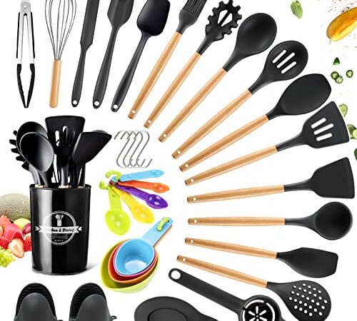 TAVADA Ustensiles de Cuisine,37 Pièces Kit Ustensiles de Cuisine en Acier Inoxydable,Ustensiles de Cuisine en Silicone Antiadhésive Anti-Rayures et Résistante à la Chaleur,Ensemble de Cuisine sans BPA