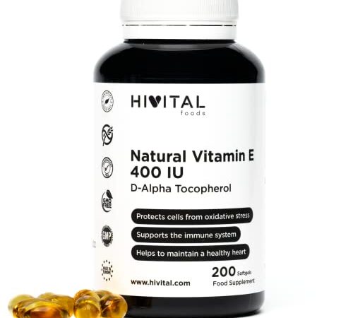 Vitamine E Naturelle 400 UI (D-Alpha Tocophérol) | 200 capsules (plus de 6 mois de traitement) | Protège vos cellules des dommages oxydatifs et garde la peau et les cheveux en bonne santé