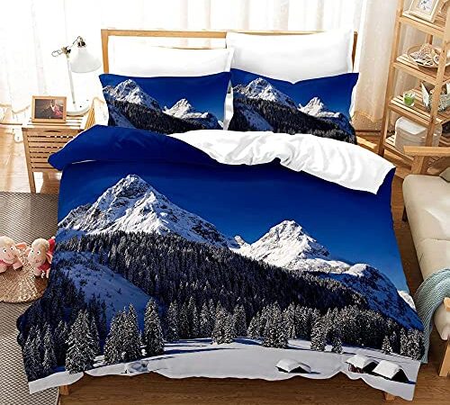 xldqbh Housse de Couette 220 x240 Forêt de Montagne enneigée 3D Imprime Parure de Lit en Microfibre avec 2 Taies D'oreillers 65x65cm Non Décoloration