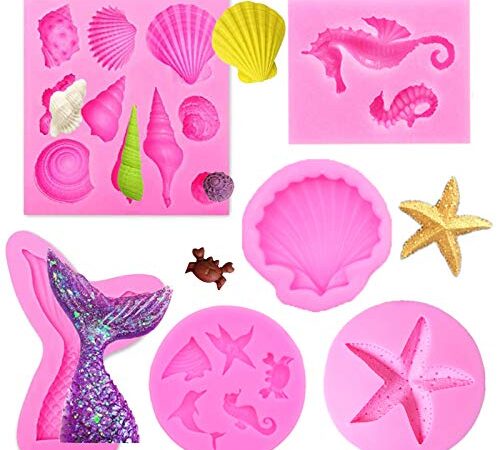 6pcs Petite Sirene Moule Sirène Moule Coquillage Moulle Silicone Fondant Décoration Moulle à Gateau Moulle Silicone Patisserie pour Cupcakes Bonbons Chocolats Fête à thème sirène fête d'anniversaire