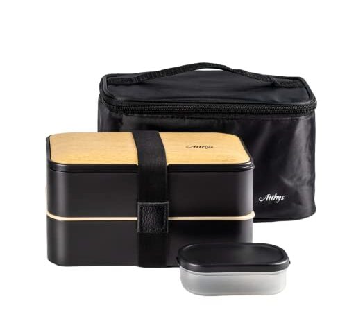 Atthys - Lunch Box Noir + Sac Isotherme | Bento Japonais Design 3 Couverts | Bento Box Bambou 2 Compartiments Hermétiques 1200 ML | Micro-Ondes Lave-Vaisselle | Boîte Déjeuner Bois Adulte Enfant