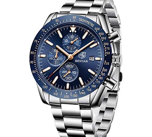 BENYAR Montre Homme Montres Etanche Chronographe Lumineuses Classique Montres Bracelet en Acier Inoxydable Grand Cadran Date Analogique et Anti-Rayures Cadeau élégant