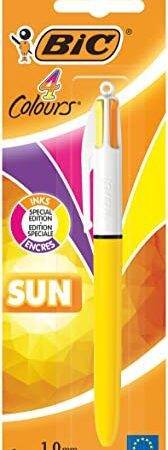 BIC 4 Couleurs Sun Stylo-Bille Rétractable Pointe Moyenne (1,0 mm) - Encres Fantaisies Turquoise, Violet, Rose, Jaune, et Orange, Blister de 1