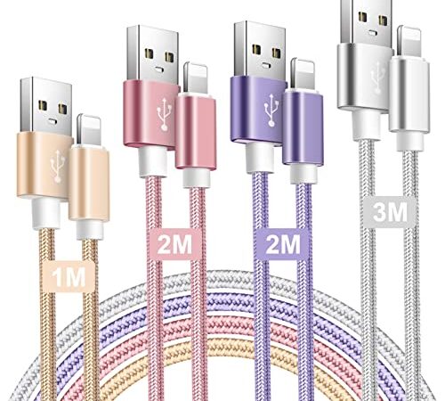 Cable iPhone Chargeur iPhone 1M/2M/2M/3M [Certifié MFi] Câble Lightning Nylon Tressé iPhone Charge Rapide Fil Compatible avec pour iPhone 13 Pro Max XR 11 12 XS X 8 7 Plus 6s 6 SE iPad,4 Couleurs