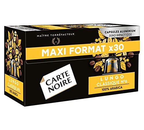 Carte Noire Espresso Lungo Capsules en Aluminium compatibles Nespresso, 100% Arabica, Intensité 8/10, 1 Paquet de 30 Dosettes de Café