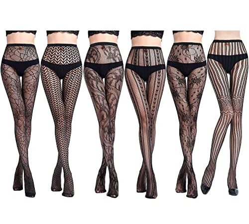 Comius Sharp 6 Pack Noir Collants Bas Résille, Sexy Extensible Dentelle Bas Résille motifs Fleurs