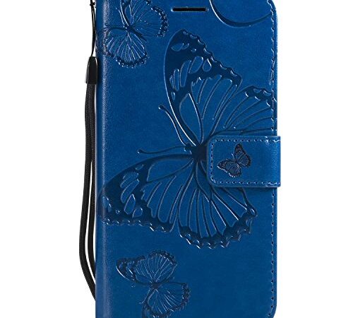 DENDICO Coque Galaxy J3 2016, Papillon Imprimé PU en Cuir Coque Magnétique Portefeuille TPU Étui Housse pour Samsung Galaxy J3 2016 - Bleu