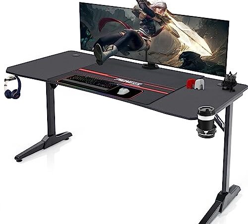 Devoko Bureau Gaming Bureau Gamer Informatique Table Gaming Bueau PC avec Porte-gobelet, Tapis de Souris et Porte-Casque (Noir, 140 × 60 cm)