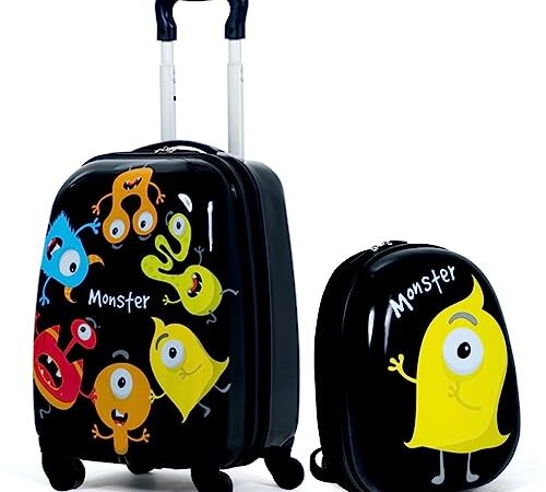 DREAMADE Valise Enfant 16" et Sac à Dos 12", Bagage à Main Coloré Filles et Garçons, Cabine Enfant avec Motif Monstre, Valise Enfant Roulette avec 4 Roues Pivotante à 360°en Dessin(Monstre)