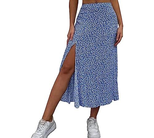 Geagodelia Jupe Longue d'été Bohème pour Femme Jupe Fleurie Fendue à Taille Haute Jupe Décontractée Imprimé Floral Robe de Plage Vacances (Bleu A, S)