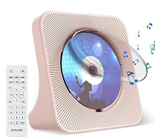 Gueray Lecteur CD Portable Mural Lecteurs CD Bluetooth de Bureau pour la Maison, Double Haut-parleurs HiFi Intégrés, Prise AUX et Casque, Radio FM Boombox avec Télécommande Port USB Écran LCD(Rose)