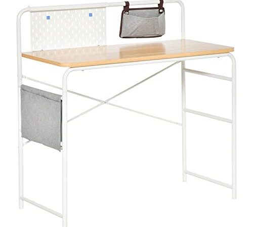 HOMCOM Bureau Informatique Table d'ordinateur Table d'étude 2 Pochettes Cadre en métal Blanc dim. 98L x 46l x 98H cm Chêne Clair