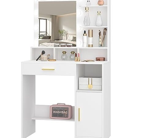 Hzuaneri Coiffeuse Femme avec Miroir et 10 lumières LED, vanité de maquillage avec 3 étagères et 4 compartiments ouverts, avec grand tiroir et armoire, 3 luminosités réglables, blanc EVT08103X