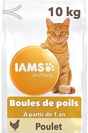 IAMS Vitality - Croquettes Chats Adultes et Séniors Anti Boules de Poils - 100% Complètes et équilibrées - Au Poulet - Sans OGM Colorant Arôme Artificiel - Sac refermable de 10 kg