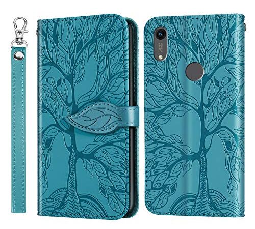 IMEIKONST Coque Compatible avec Huawei Y6 2019, Flip Étui PU Cuir [Porte-Cartes de Crédit] Portefeuille [Magnétique] Étui à Rabat Housse Coque pour Huawei Y6 2019. Tree Blue RXZ