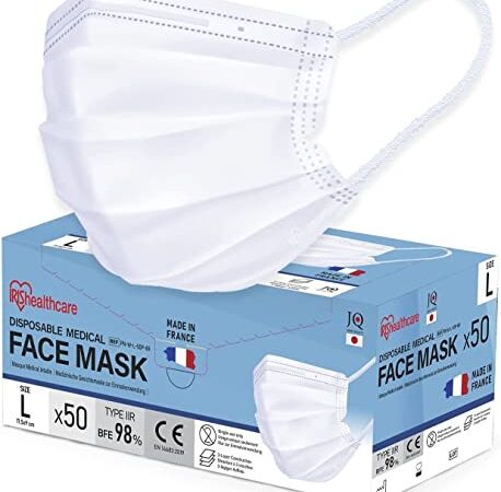 Iris Ohyama, Lot de 50 masques chirurgicaux jetables type IIR Made in France, Taille L, 3 couches, BFE 98%, Résistant aux éclaboussures, Elastique anti-irritation - Protective Mask PN - Blanc