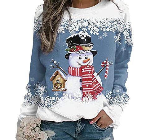 iushen Sweat-Shirt de Noël Multicolore à imprimé Bonhomme de Neige, Damenmode Sweatshirt (Bleu,L)