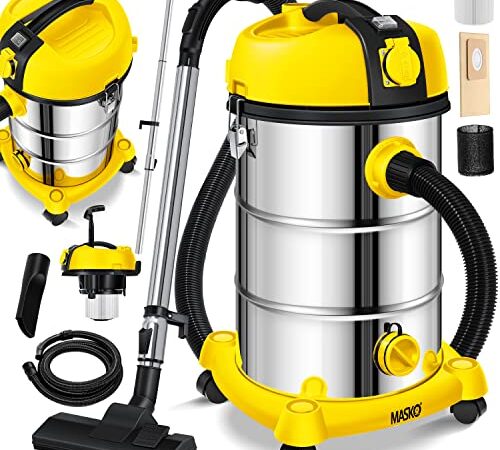 Masko® Aspirateur Industriel Aspirateur Eau et poussière aspirateur Acier Inoxydable 2 300 W + Prise électrique Fonction soufflage Aspiration à Sec et Aspiration de l'eau | Push&Clean, Jaune