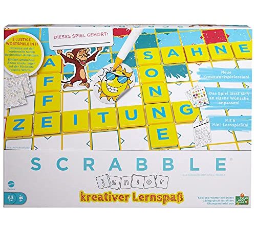 Mattel Games HCK86 Junior Kids Scrabble, Jeu de Mots croisés, avec 2 Niveaux de Jeu, 6 Mini Jeux et Autocollants pour Une décoration personnalisée, Jeu de société à partir de 6 Ans